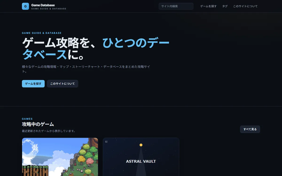 トップページ。攻略中のゲームがキーアート付きのカードで並んでいる